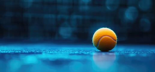 Tennis ball on blue court, night game. Sports website banner