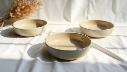 Three empty beige bowls sit on white tablecloth. Natural light creates soft shadows. Simple minimalist design. Perfect for interior kitchen decor. Tranquil, calm aesthetic. Ideal for home, dining