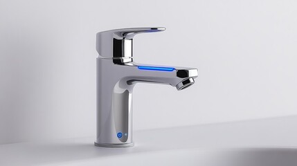 Chrome faucet with touchless activation, glowing blue LED indicator, high-tech minimalism
