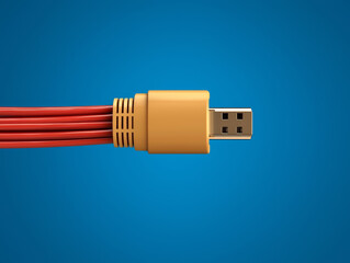 Close up of yellow USB connector with red cables on blue background