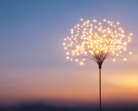 Fiber optic lights resembling glowing dandelion at sunset