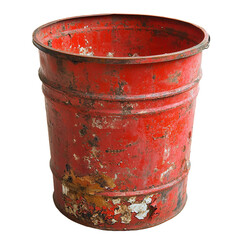 Rusty red metal barrel, isolated, white background, industrial waste