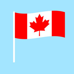 Waving Canadian flag on a white flagpole. Flat style vector illustration