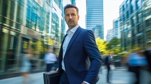 A businessman walks confidently down the street, surrounded by fast moving people. The concept of focus, determination, and standing out amidst the hustle of urban life. Generative AI.