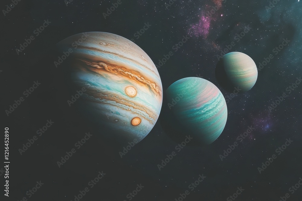 Poster surreal planetary alignment showcasing multiple colorful planets in deep space