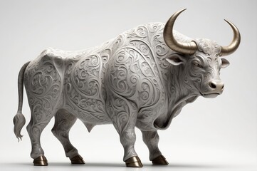 Fototapeta premium Ornate white bull statue with gold horns and hooves, isolated on white background.