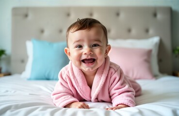 Fototapeta premium Cute baby boy wearing pink bathrobe plays happily on white bed with blue, pink pillows. He is joyful, healthy. Baby is on soft bed. Interior photo. Perfect image for childcare center or baby products.