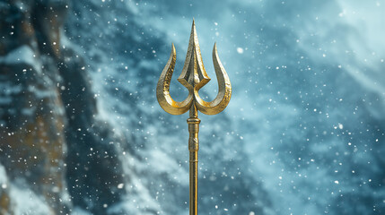 Golden trident symbol of god shiva against a of snowy mountains. Maha Shivaratri