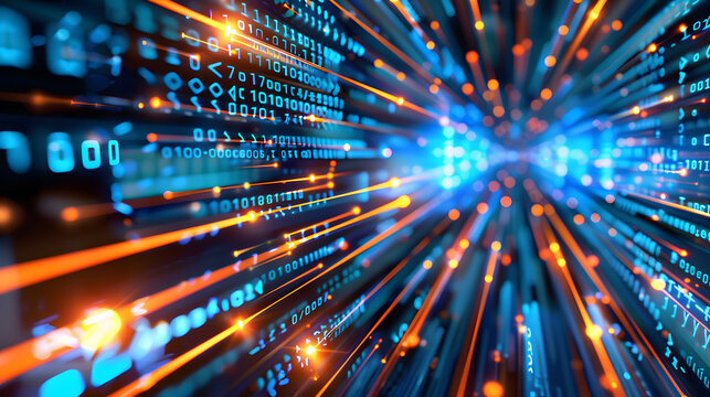Stream of binary code flowing along the pathways