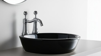 Double-handle chrome faucet with art deco influences, adding elegance to a vintage kitchen