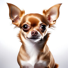 Obraz premium Adorable Apple Head Chihuahua with Large, Expressive Eyes and a Compact Body, Showcasing a Smooth Coat in Shades of Fawn and White, Set Against a Seamless White Background.