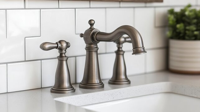 Double-handle chrome faucet with an aged chrome finish, rustic farmhouse vibes