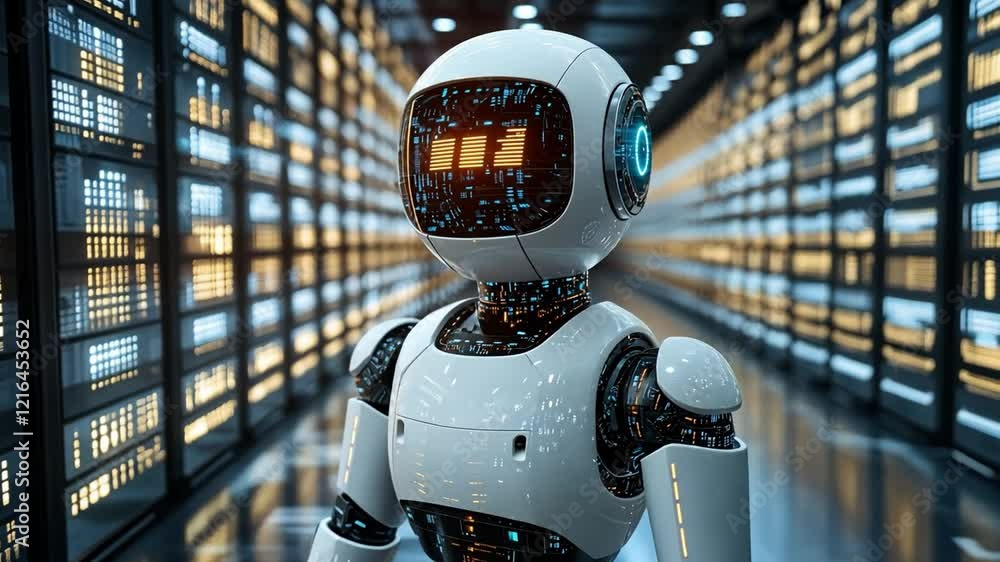 Poster a futuristic robot stands in a high-tech data center filled with illuminated server racks