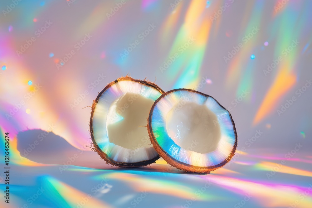 Poster Coconut halves illuminated by colorful light patterns on a smooth surface
