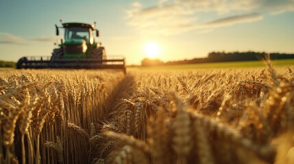Tractor harvesting wheat field sunset