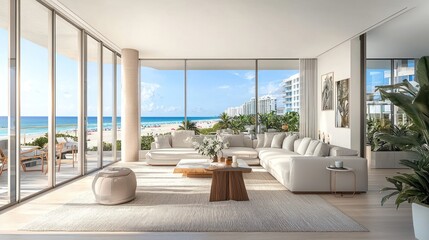 Fototapeta premium Luxury Beachfront Condo Living Room: Ocean View Apartment Interior Design