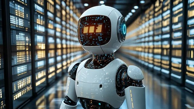 A futuristic robot stands in a high-tech data center filled with illuminated server racks