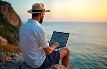 Man with laptop sits on rocks by sea at sunset. Works remotely. Businessman in hat works online. Vacation, tech work. Beautiful sea view. Outdoor office. Digital nomad lifestyle. Relaxing summer day.