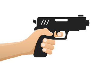 Hand holding pistol gun icon in flat style. Firearm symbol vector illustration on isolated background. Rifle ammo sign business concept.