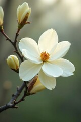 Delicate magnolia branch with creamy white blooms, blossom, nature