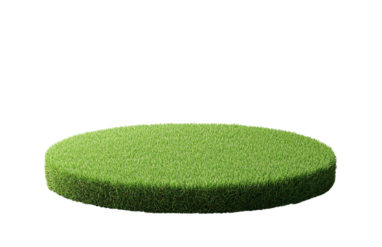 A realistic photograph of an artificial grass-covered podium on a transparent background