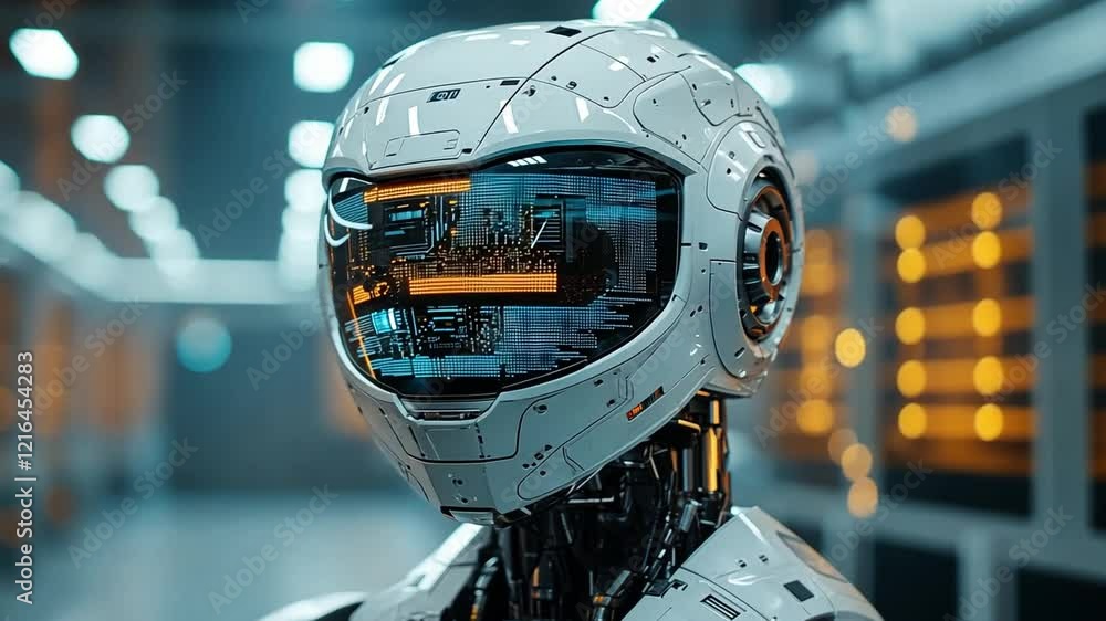Poster advanced humanoid robot with digital interface displayed in a futuristic tech laboratory