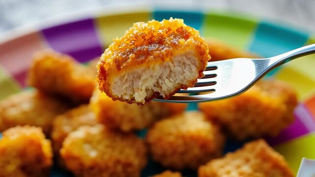 Closeup of a crunchy chicken nugget held with a fork, surrounded by a pile of steaming fried pieces on a vibrant striped plate.