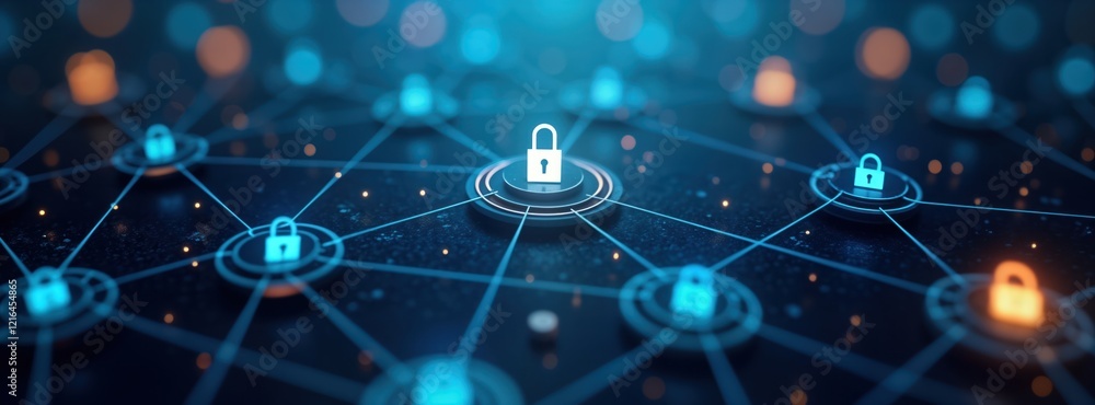 Aufkleber Futuristic network illustration shows secure connections data protection. Cybersecurity tech design. Abstract network system with glowing locks. Dark blue background. Safe transfer of information.