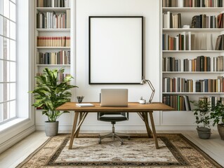 Fototapeta premium Modern Home Office Interior Design with Wooden Desk, Bookshelves, and Large Artwork