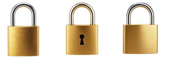 Set of gold padlocks with metallic shackle in different angles, cut out