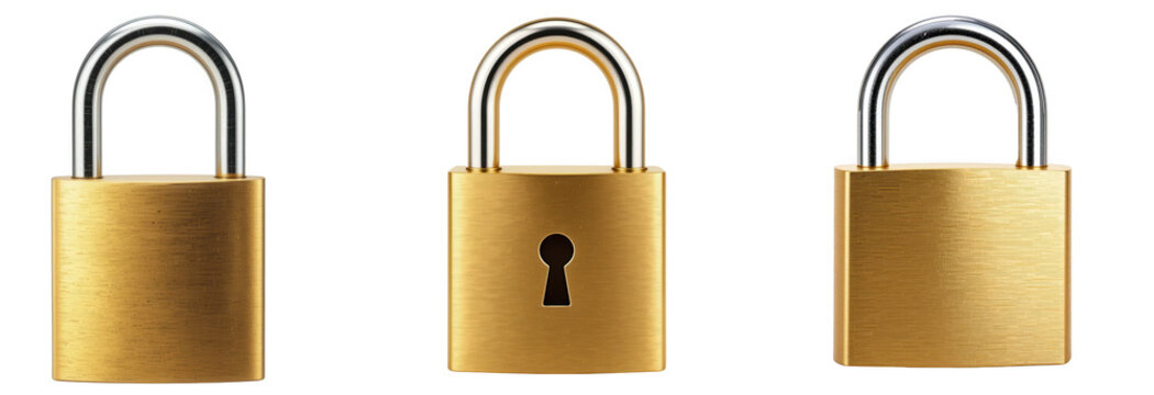 Set of gold padlocks with metallic shackle in different angles, cut out