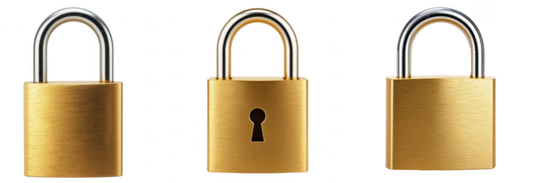 Set of gold padlocks with metallic shackle in different angles, cut out