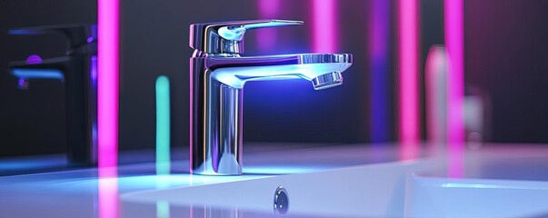 Futuristic chrome faucet with touchless activation, glowing LED indicator, ultra-modern design