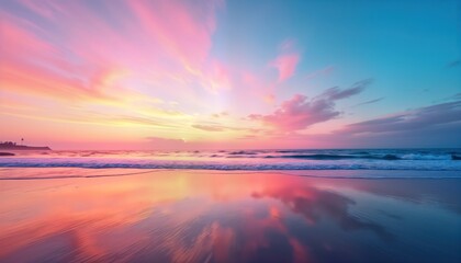 Fototapeta premium Beautiful sunrise paints beach with vibrant colours. Calm water reflects sky. Peaceful atmosphere. Scenic view of tranquil beach at dawn. Coastal scenery. Ocean waves gently touch shore. Tranquil