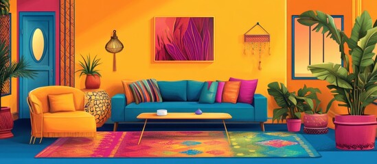 Vibrant living room with teal sofa, colorful pillows, and patterned rug.