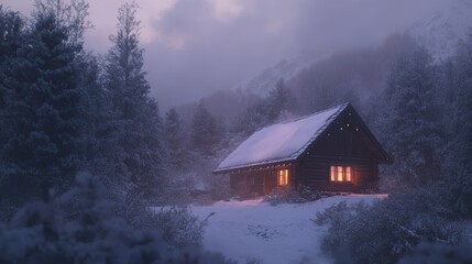 Cozy cabin in snowy mountains at dusk.