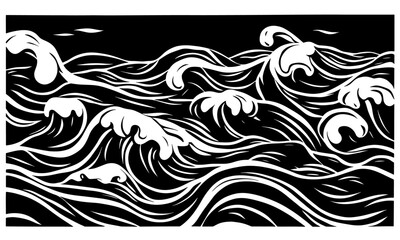 Linocut waves water vector background texture