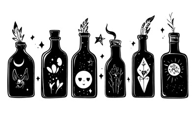 Linocut Love potion vector cartoon set, love, valentine's day, bottle, doodle