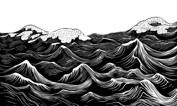 Linocut waves water vector background texture