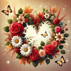 Floral heart-shaped wreath with red  roses and daisies, Valentine background