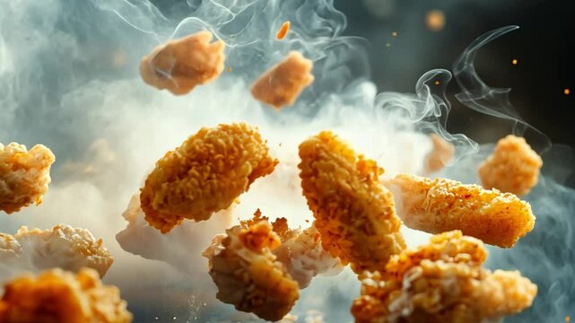 Falling chicken nuggets and wings frozen mid-motion, with smoke and crispy golden textures creating an artistic concept of fast-food indulgence.