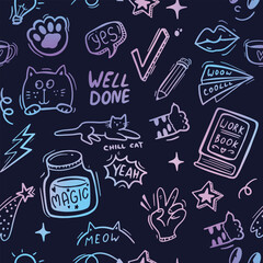 Girls seamless pattern with calligraphic slogan, hearts, words  . background for textyle, graphic tees, kids wear. Wallpaper for teenager girls. Fashion style