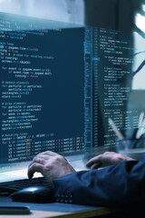 Virtual programming environment combining fictional program code, showcasing innovation,...