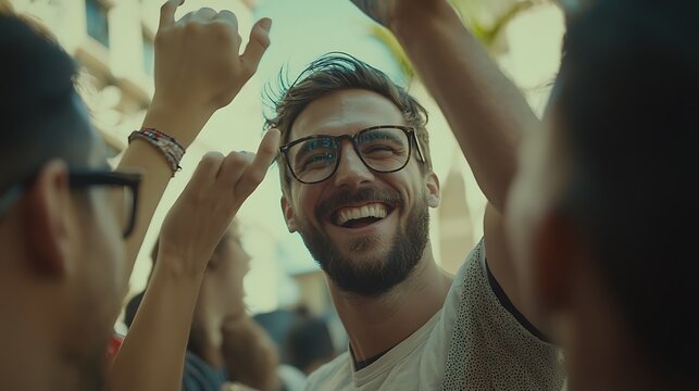 Happy friends celebrating outdoors, city background, joyful event