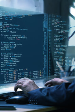 Virtual programming environment combining fictional program code, showcasing innovation, adaptability, and creativity within digital workflows. Concept of IT solutions, applications, programming. Ad