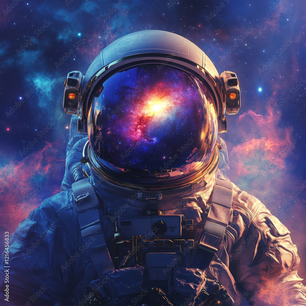 Wall mural astronaut in space suit with colorful nebula and galaxy reflecting on helmet visor. front view astro