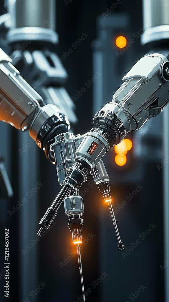 Aufkleber Robotic arms engage in precision assembly with glowing tools in a futuristic workshop environment