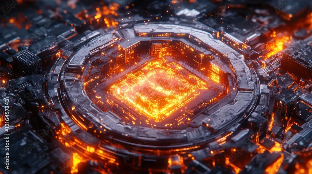 Poster glowing central processing unit in futuristic circuit board.