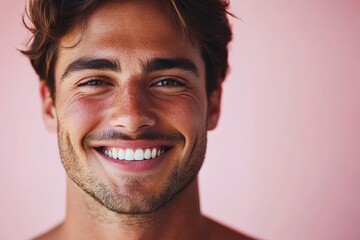 Fototapeta premium Portrait of a Smiling Young Man Reflecting Joy and Confidence for Personal Branding