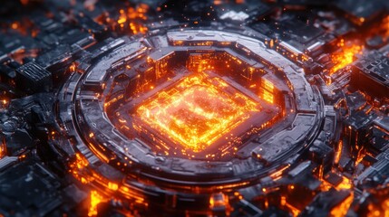 Glowing central processing unit in futuristic circuit board.